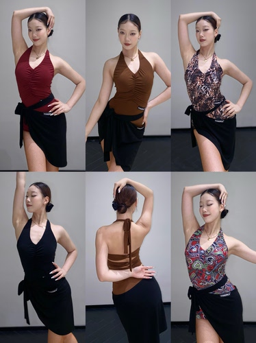 TYH国标舞服拉丁舞女成人挂脖露背绑带镂空修身练功连体衣带胸垫