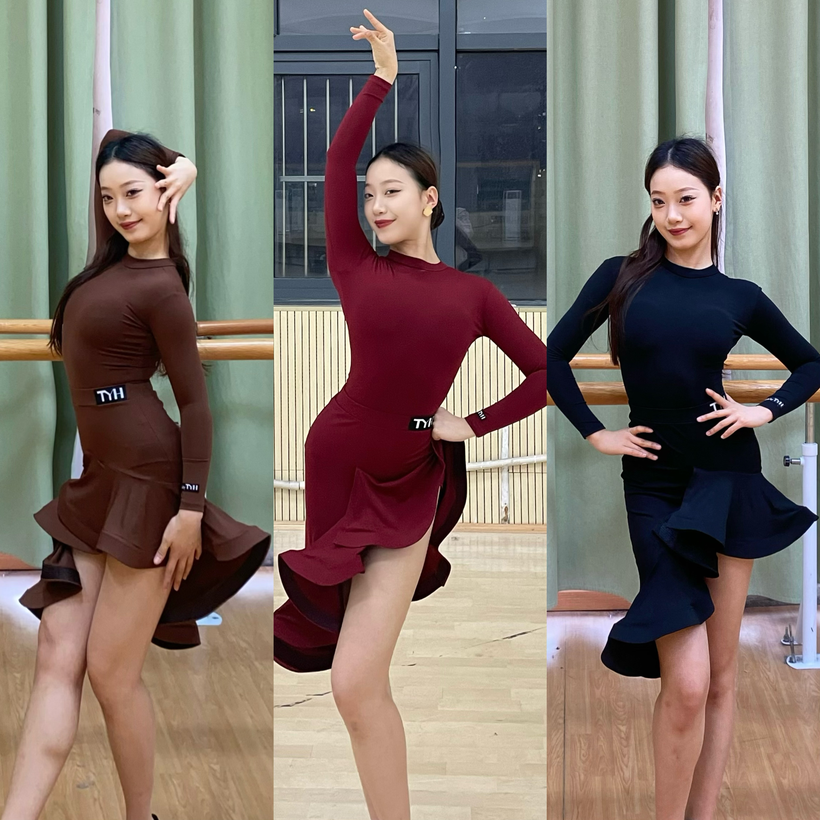 TYH拉丁舞长袖后背镂空连体服带胸垫下摆开衩鱼骨裙训练演出套装