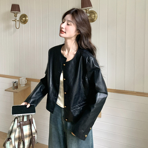 超好看小香风黑色pu皮衣外套女2025春秋红短款夹克上衣图片