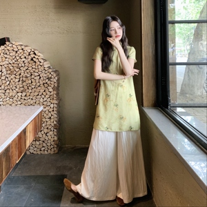 新中式盘扣改良旗袍上衣国风套装女2025夏款宽松裤子阔腿裤两件套图片