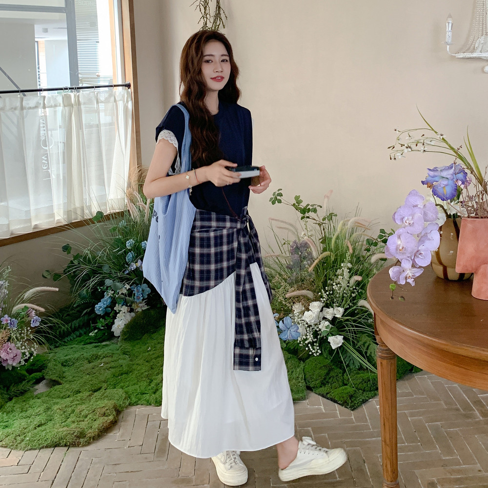 设计感格子拼接收腰连衣裙女2025夏季新款韩版盐甜系显瘦a字裙潮图片
