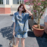 洋气炸街碎花牛仔套装女2025夏季新款韩版廓形短袖外套短裙两件套，女装套装/套裙，2C170