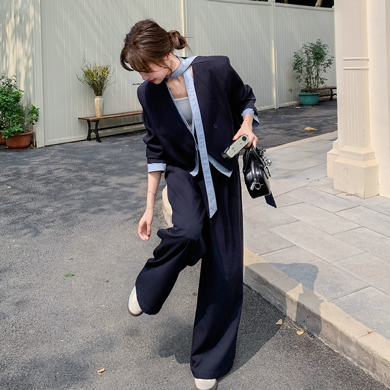 飘带藏青色西装阔腿裤套装女春秋两件套又a又飒独特漂亮超火减龄,女装套装/套裙,2C170