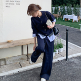 藏青色韩系休闲套装女2025春新款设计感条纹拼接上衣直筒裤两件套，女装套装/套裙，2C170