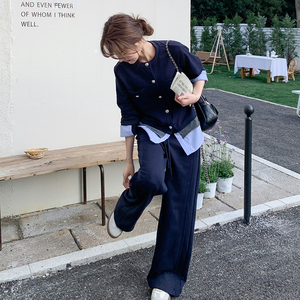藏青色韩系休闲套装女2025春新款设计感条纹拼接上衣直筒裤两件套图片