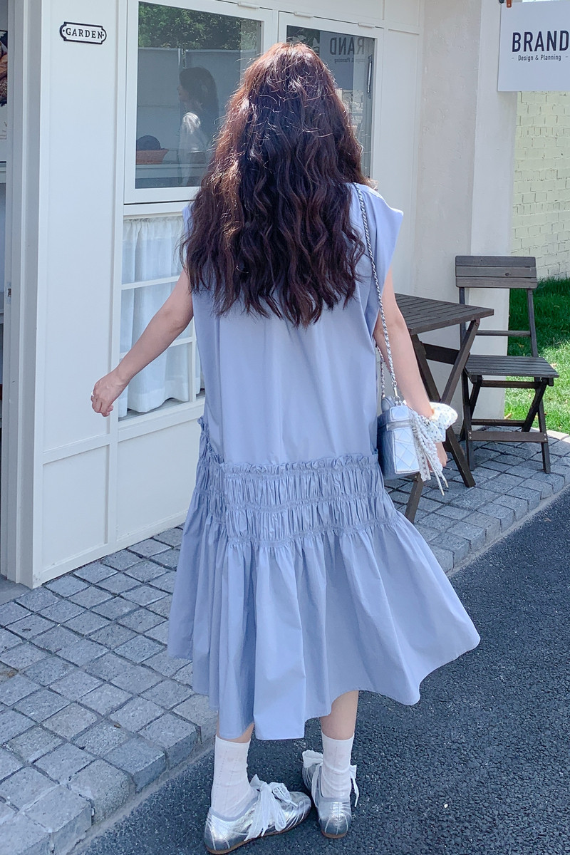 蓝色韩系休闲松弛感减龄连衣裙女2025夏季新款法式木耳边休闲长裙,女装连衣裙,2C170