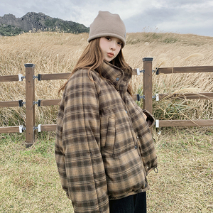 咖色韩系复古格纹短款羽绒服女2025冬小个子保暖加厚90白鸭绒外套图片