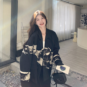 黑色西装外套女2025春季新款高级感宽松长袖休闲开衫独特别致上衣图片