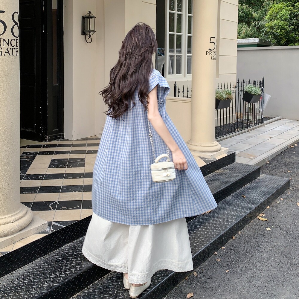 蓝色格子衬衫裙套装女2025夏季新款气质休闲蕾丝拼接休闲裤两件套,女装连衣裙,2C170