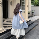 蓝色格子衬衫裙套装女2025夏季新款气质休闲蕾丝拼接休闲裤两件套，女装连衣裙，2C170