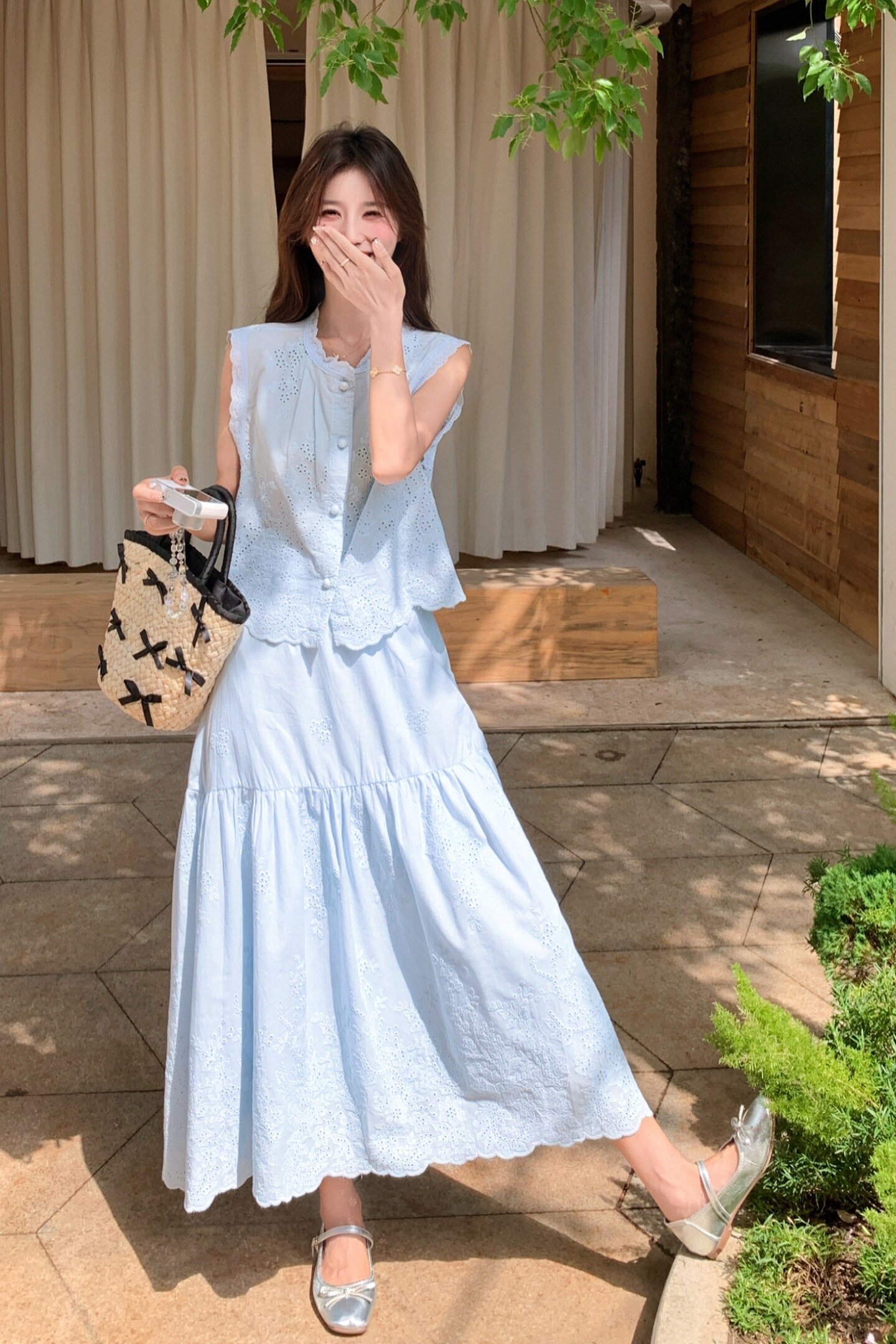 蓝色蕾丝无袖衬衫女夏季2025新款韩系穿搭气质减龄半身裙两件套装,女装套装/套裙,2C170