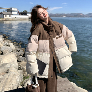韩版高级感撞色拼接羽绒服女2025年冬季新款显瘦加厚90白鸭绒外套图片