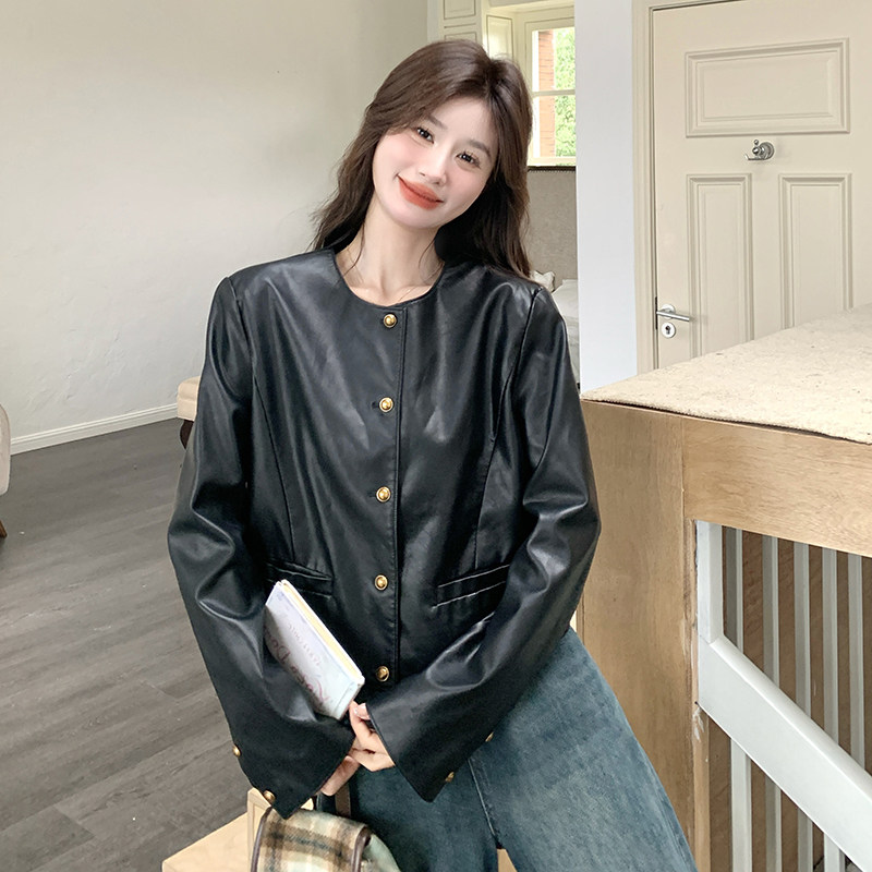 超好看小香风黑色pu皮衣外套女2025春秋红短款夹克上衣,女装皮衣,2C170