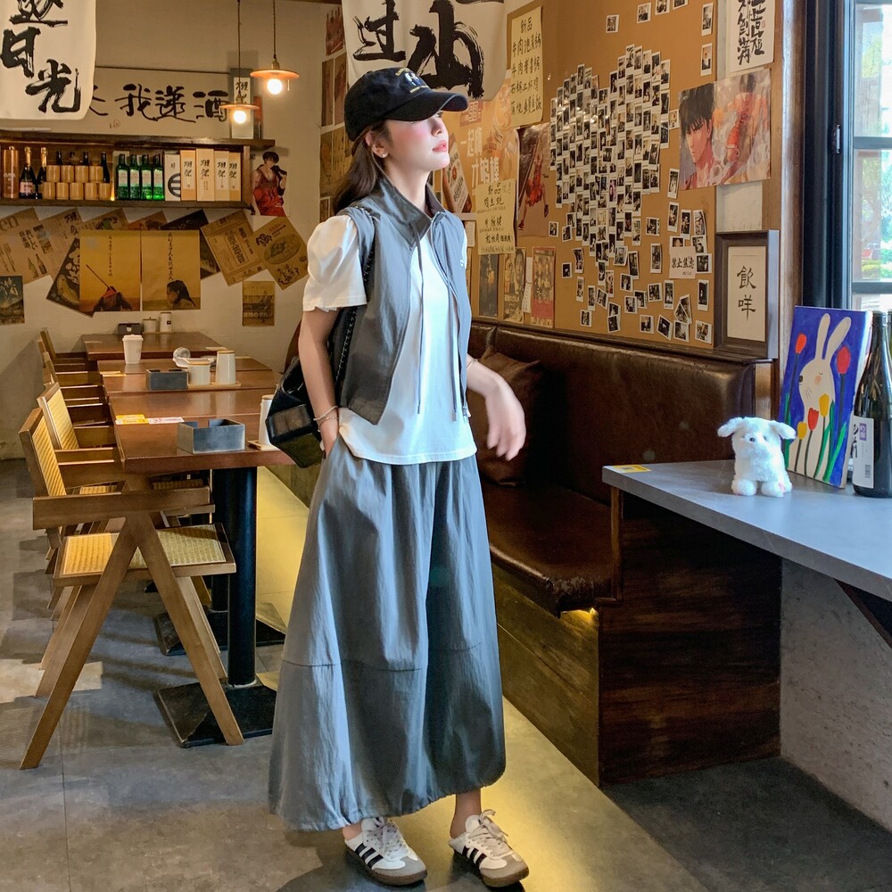 韩系设计感工装马甲套装裙女2025夏新款宽松休闲百搭半身裙两件套图片