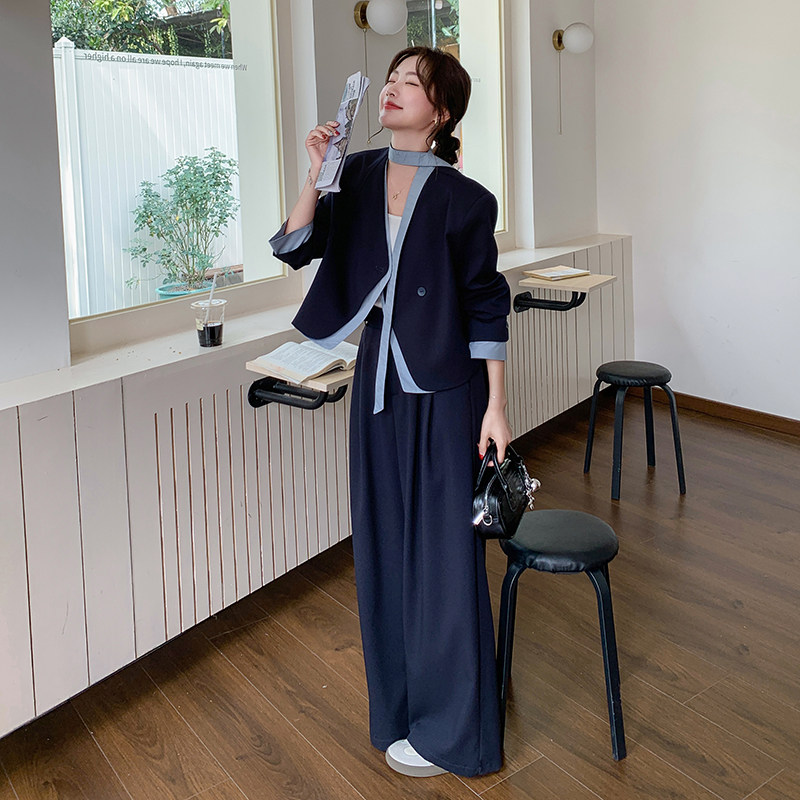 飘带藏青色西装阔腿裤套装女春秋两件套又a又飒独特漂亮超火减龄图片