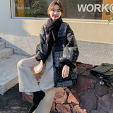 韩系复古格子设计感皮毛一体厚外套女2025冬季新款宽松慵懒风棉服，女装毛呢外套，2C170