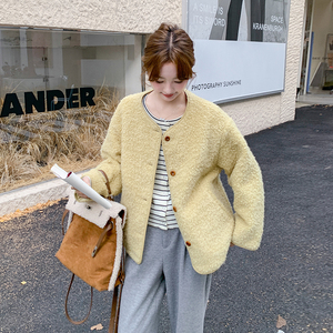 黄色减龄短款羊羔毛外套女秋冬新款韩系宽松加厚百搭皮毛一体棉衣图片