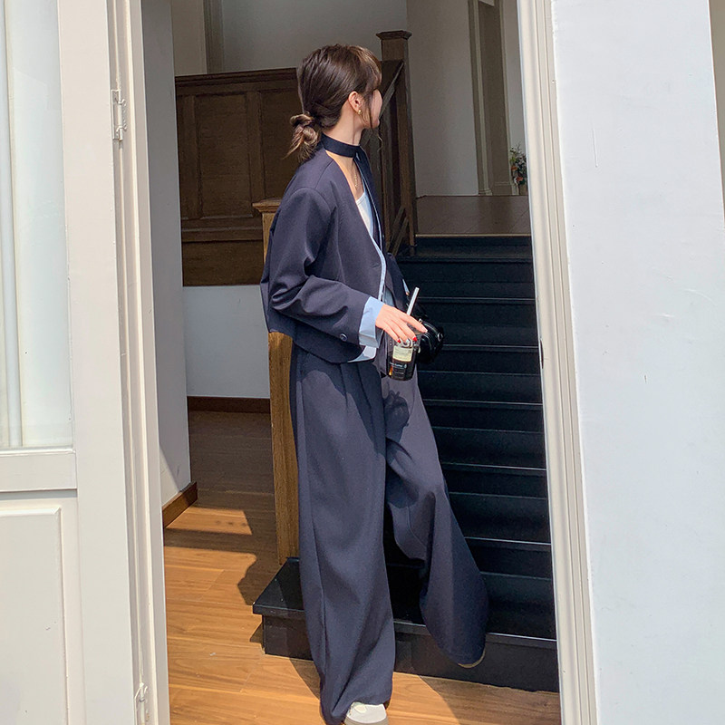 飘带藏青色西装阔腿裤套装女春秋两件套又a又飒独特漂亮超火减龄,女装套装/套裙,2C170