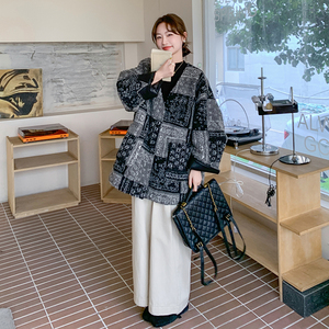 韩系复古格子设计感皮毛一体厚外套女2025冬季新款宽松慵懒风棉服图片