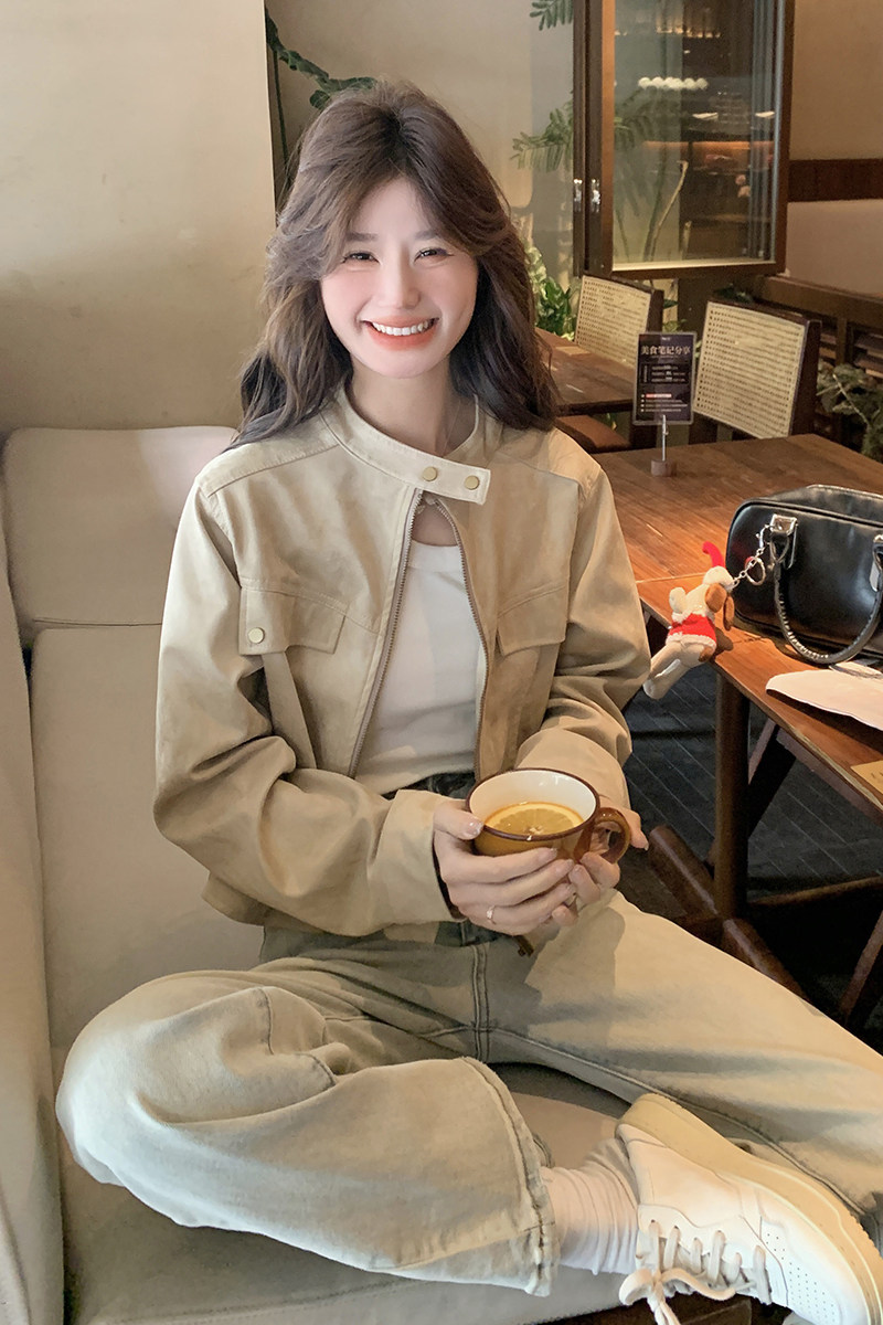 设计感立领夹克机车服外套女2025春秋季新款甜酷显瘦短款夹克上衣,女装短外套,2C170