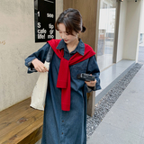 复古港风休闲牛仔连衣裙女2025春秋季新款宽松显瘦复古披肩衬衫裙，女装连衣裙，2C170