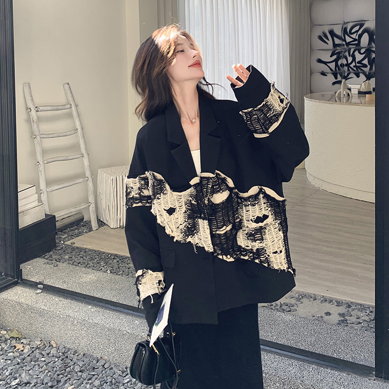 黑色西装外套女2025春季新款高级感宽松长袖休闲开衫独特别致上衣,女装短外套,2C170
