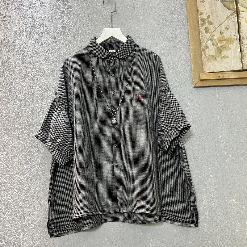 宽松简约文艺麻料格子短袖衬衫女