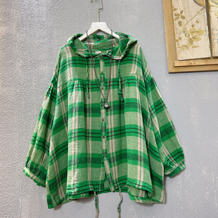 文艺简约开衫 宽松大码 女士外搭 女2025春夏新款 棉麻连帽格子衬衫