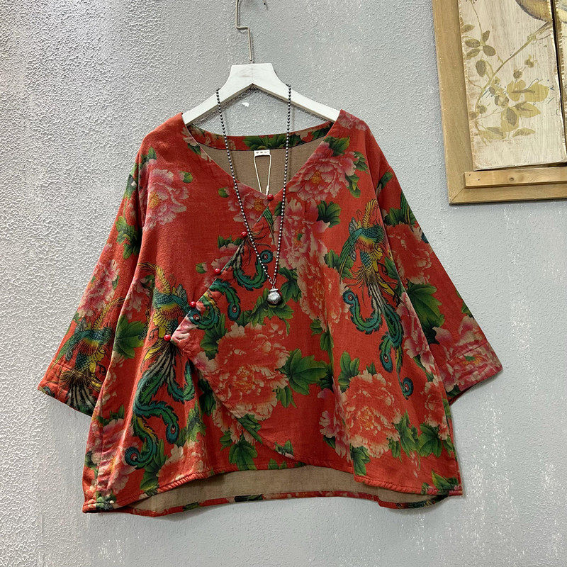 A版民族风斜襟中袖棉麻娃娃衫女