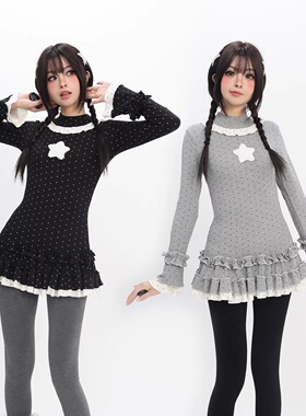 猫愿原创【星梦芭蕾】拼接波点裙摆叠穿长袖t恤百搭打底上衣春款