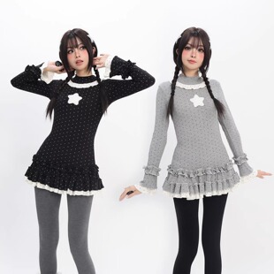猫愿原创【星梦芭蕾】拼接波点裙摆叠穿长袖t恤百搭打底上衣春款
