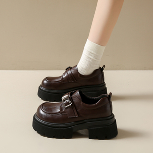 女真皮英伦风小皮鞋 2026春季 新款 厚底乐福鞋 女 女百搭增高7cm单鞋