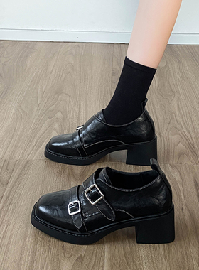 2026年春季新款英伦风黑色皮带扣玛丽珍鞋女复古厚底粗跟高跟单鞋