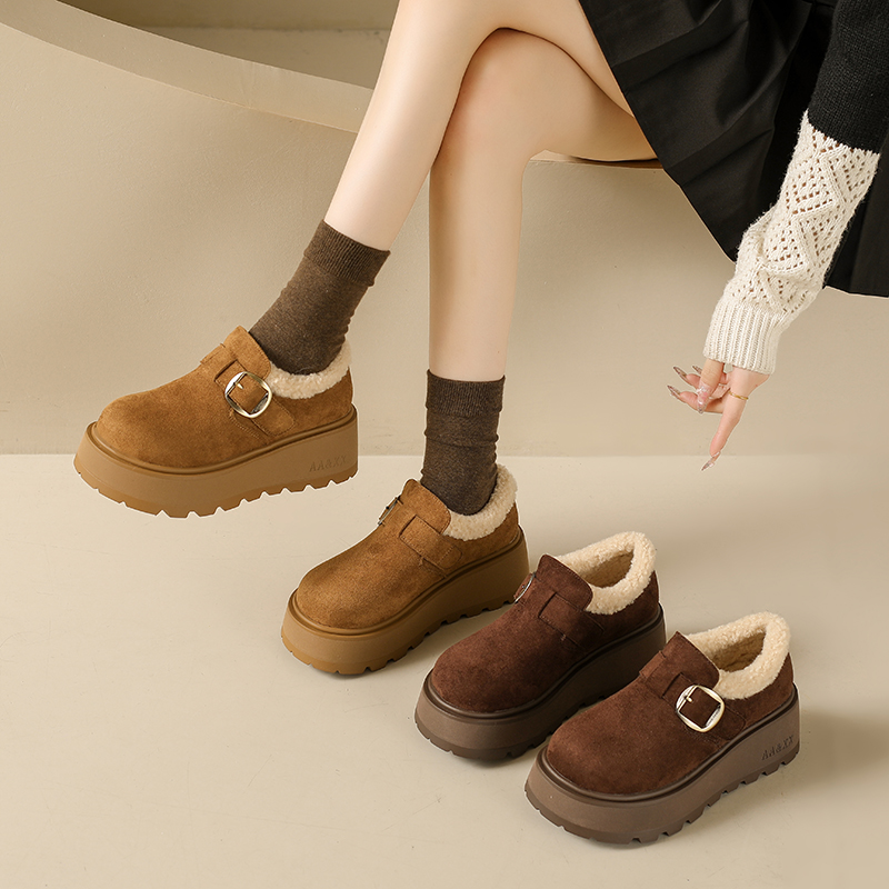 2025年冬季新款反绒皮勃肯鞋女厚底一脚蹬保暖加绒乐福鞋百搭舒适