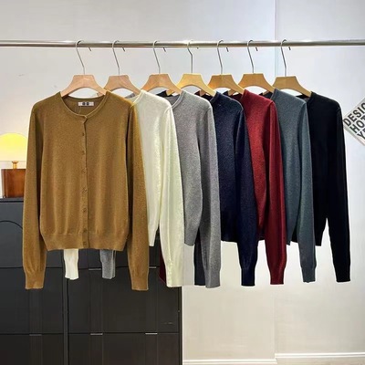 日单女装精纺美利奴圆领针织开衫长袖可机洗新款毛衣上衣478331