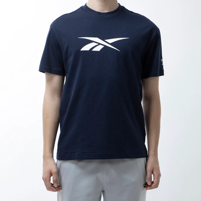 锐步Reebok黑蓝白大LOGO男子纯棉透气运动夏季圆领短袖T恤GR8479