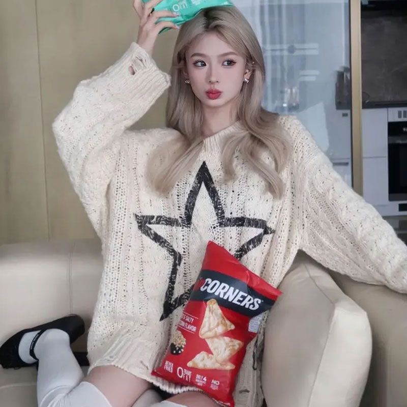 晨领秋冬新款设计感ersized宽松做旧K星五角星印花logo扭花毛衣