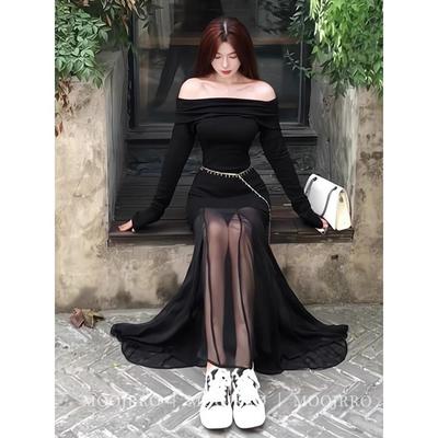 黑色网纱一字肩连衣裙女秋季纯欲气质辣妹小个子修身显瘦长袖长裙