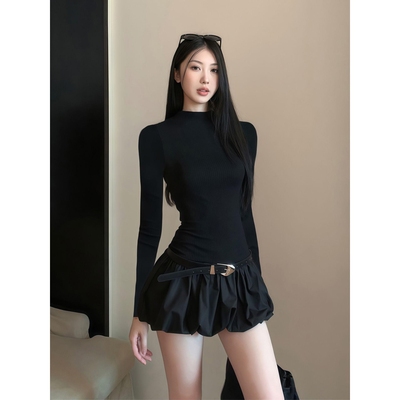 秋季辣妹穿搭修身掐腰内搭黑色长袖连衣裙女高级感短款花苞蓬蓬裙