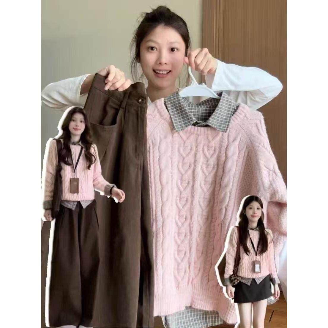 实价绵羊绒韩系粉色麻花毛衣女秋冬季慵懒风高级感穿搭针织上衣