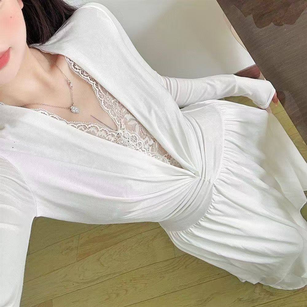 原版面料韩版通勤甜美V领蕾丝拼接长袖收腰连衣裙女2025秋季