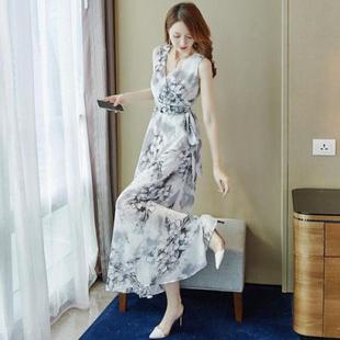 沙滩裙波西米亚长裙女夏2025新款 收腰系带显瘦海边度假雪纺连衣裙