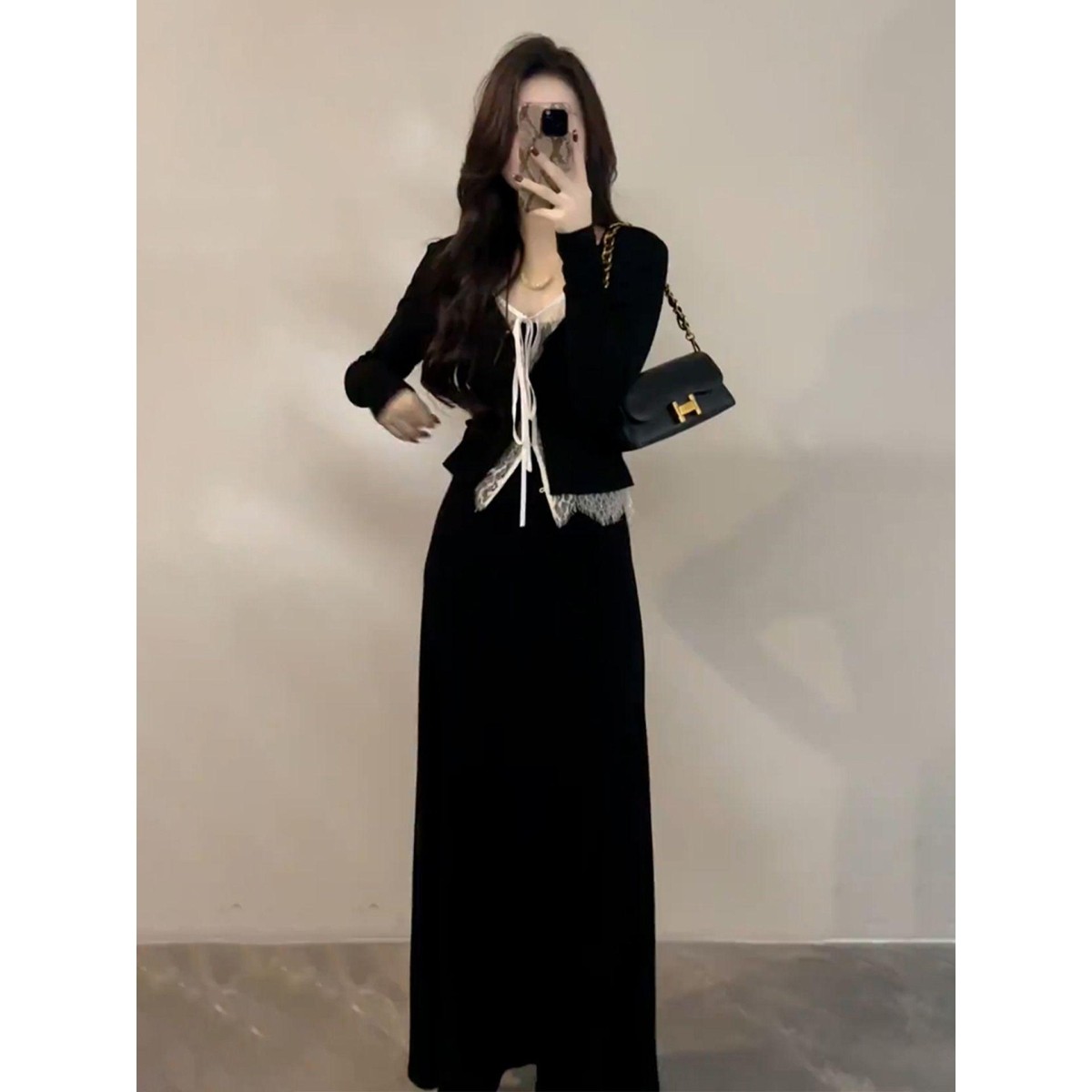 秋季收腰蕾丝设计长袖小香风V领拼接开衫连衣裙套装