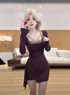 MR随心裁法式纯欲风豹纹假两件连衣裙女秋冬气质性感紧身短裙