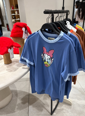 ZA女装夏卡通黛丝鸭印花T恤女短袖蓝色撞色领美式休闲上衣