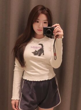 2024秋季新款女装百搭休闲萌宠印花修身长袖T恤440085