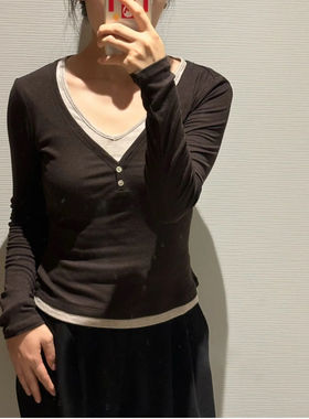 长袖T恤打底衫2025秋季新款女休闲假两件修身T恤