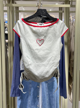 2026春季新款女装休闲撞色边爱心蕾丝抽绳修身T恤460023