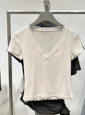 2025秋季新款甜辣bm风气质蕾丝拼接V领蝴蝶结修身短袖T恤上衣女潮