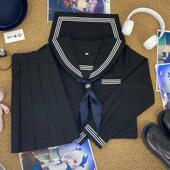 青月社改良黑三本满襟水手服百褶裙套装 原创日系学院风甜妹JK制服